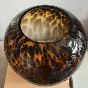 Large Handblown Tortoise Leopard Glass Flower Vase or  Candle Hurricane